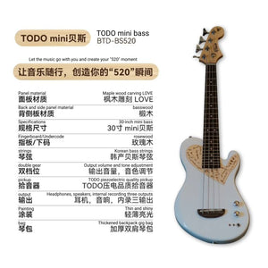 TODO Love Series Mini Bass – 30" Steel-String 4-String Silent Travel Bass for Beginner Girls