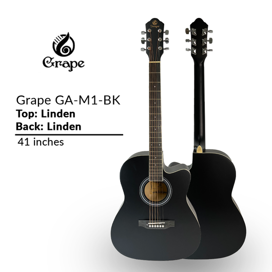 Grape GA-M1 39 Inch Cutaway Linden Wooden Beginner Acoustic Guitar Black Truss Rod