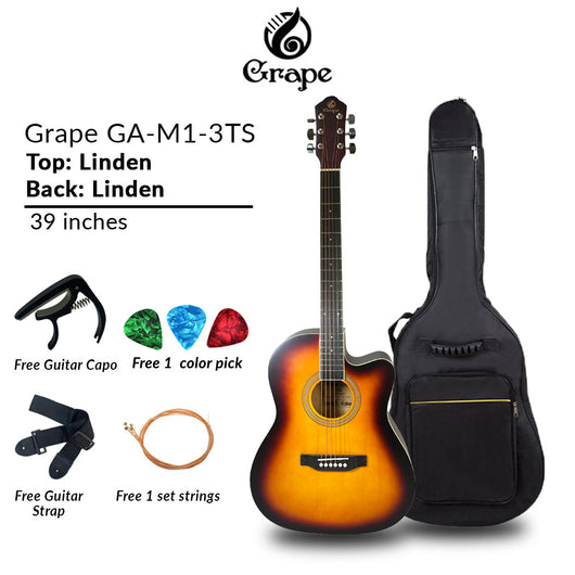 Grape GA-M1 39 Inch Cutaway Linden Wooden Beginner Acoustic Guitar SunBrown Truss Rod