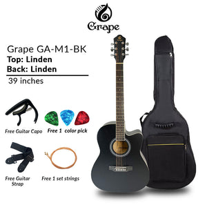 Grape GA-M1 39 Inch Cutaway Linden Wooden Beginner Acoustic Guitar Black Truss Rod